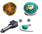 2 Kreisel Meteo L-Drago Gold + Rock Leone + Grip + 1 Launcher + 2 Metallspitzen