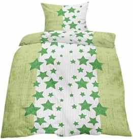 2-tlg. Seersucker Bettwäsche 135×200 +80x80cm mit Reißverschluss, bügelfrei, Microfaser – grün weiss Stars Stern Sterne – Home-Impression