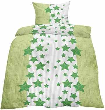 2-tlg. Seersucker Bettwäsche 135×200 +80x80cm mit Reißverschluss, bügelfrei, Microfaser – grün weiss Stars Stern Sterne – Home-Impression