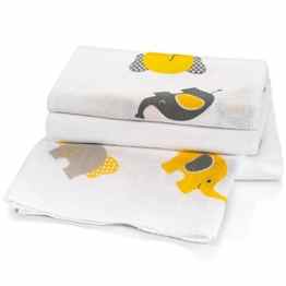 3 Stück – Mulltücher / Spucktücher / Mullwindeln, 70 x 70 cm – bedruckt – Elefanten Senf Grau, doppelt gewebt mit verstärkter Umrandung, maschinenwaschbar bis 60° C, Öko-Tex Standard 100