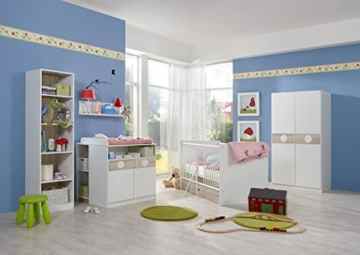 3-tlg. Babyzimmer in Weiß/Eiche-sägerau-Nachbildung, Schrank B: 90 cm, Babybett inkl. Lattenrost 70 x 140 cm, Wickelkommode B: 90 cm