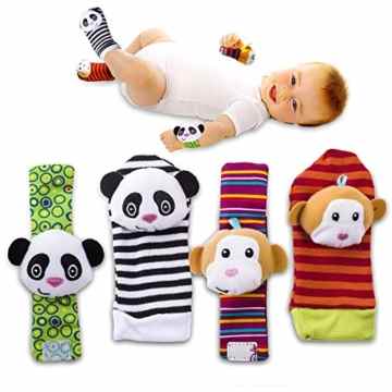 4 x Cute Animal Infant Baby Plüschtiere – Unisex-Armbanduhr und Socken für 0-12 Monate Baby (2pieces Handgelenk + 2pieces Socken)