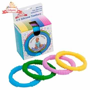 [ 4er-Set ] Beißring für Babys – Buntes Beiß-Spielzeug von Babynow – Lindert Schmerz bei Zahnen – Glückliches Baby – Silikon & 100% BPA Frei