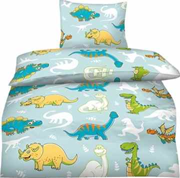 Aminata Kids – Bettwäsche Kinder 100×135 Dinosaurier Dino Jungen Mikrofaser-Kinderbettwäsche Kleinkinder Drache blau Babybettwäsche Kinderbett-Baby