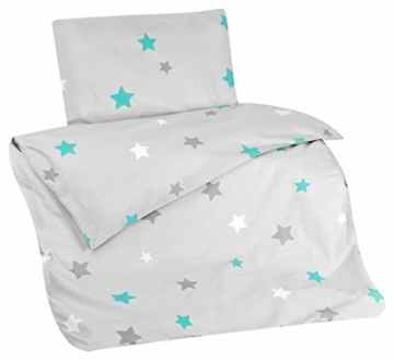 Aminata Kids Bettwäsche Kinder Sterne 100×135 cm grau türkis Kinderbettwäsche-Sternmotiv Bettwäsche Kinder Stern Baumwolle Reißverschluss RV Kleinkind