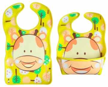 BOMIO Giraffe | großes Lätzchen mit faltbarer Auffangschale | Latz für Babys und Kleinkinder | wasserabweisend und leicht abwaschbar | kindgerechte Tiermotive | geprüft nach EN 71