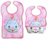 BOMIO Katze | großes Lätzchen mit faltbarer Auffangschale | Latz für Babys und Kleinkinder | wasserabweisend und leicht abwaschbar | kindgerechte Tiermotive | geprüft nach EN 71