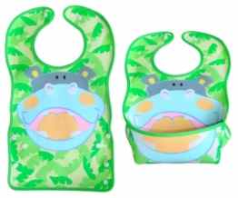 BOMIO Nilpferd | großes Lätzchen mit faltbarer Auffangschale | Latz für Babys und Kleinkinder | wasserabweisend und leicht abwaschbar | kindgerechte Tiermotive | geprüft nach EN 71