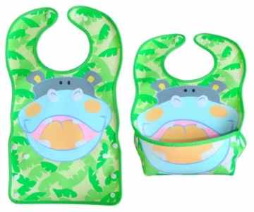 BOMIO Nilpferd | großes Lätzchen mit faltbarer Auffangschale | Latz für Babys und Kleinkinder | wasserabweisend und leicht abwaschbar | kindgerechte Tiermotive | geprüft nach EN 71