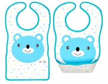 BOMIO | großes Lätzchen mit faltbarer Auffangschale | für Babys und Kleinkinder | wasserabweisend und leicht abwaschbar | kindgerechte Tiermotive | geprüft nach EN 71