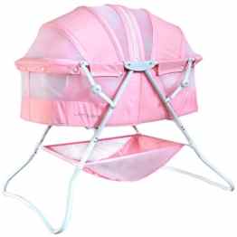 Baby Beistellbett Komfort Reisebett Little World flach klappbar Sichtfenster Aufbewahrungsnetz Babybett inklusive Matratze und 3-Positionshaube dreifach einstellbar Insektenschutz Rosa Mädchen