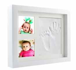 Baby Bilderrahmen für Handabdruck und Fußabdruck DIY-Set- Massivholz- Glasscheibe – Babyrahmen mit keine giftigen-Rahmen Tiefe 4,5cm- sicheren Abdruckmasse