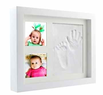 Baby Bilderrahmen für Handabdruck und Fußabdruck DIY-Set- Massivholz- Glasscheibe – Babyrahmen mit keine giftigen-Rahmen Tiefe 4,5cm- sicheren Abdruckmasse