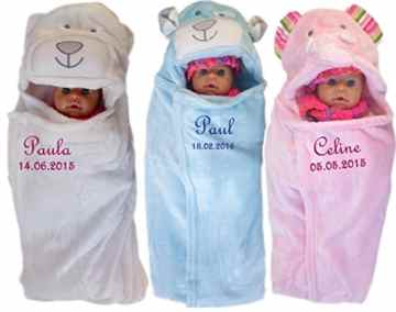 Baby Einschlagdecke mit Namen bestickt Babydecke 3d Kapuze Geschenk Taufe Geburt