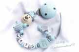 Baby Schnullerkette Teddy mit Namen – Junge – Geschenk zur Geburt, Taufe