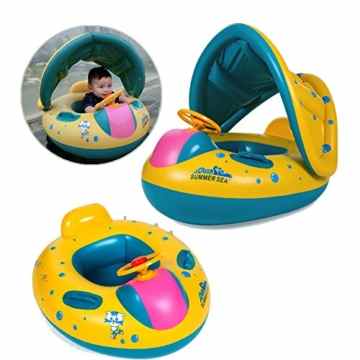 Baby Schwimmhilfen Schwimmen Ring mit Sonnendach 0-3 Jahre Aufblasbares Kinderboot für Wasserspaß Familienspaß in See Schwimmbad umweltfreundlich PVC