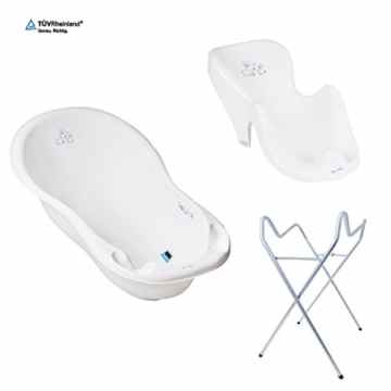Babybadewanne (86cm) luxus mit Stöpsel 5 Teilig – Badewanne Badesitz Ständer Wickelunterlage