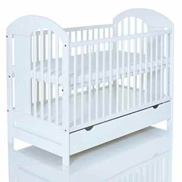Babybett 120×60 cm Kinderbett Lasse weiss mit Schubladenfach Bettkasten – Holz massiv und stabil