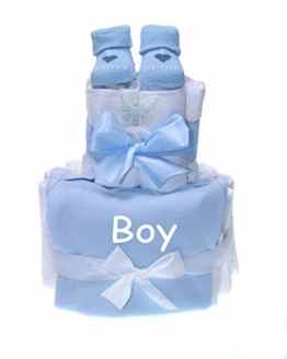 Babygeschenk WINDELTORTE „BOY“ hellblauer Baby Body bedruckt + 1 x Babysocken