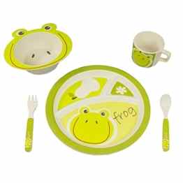 BambooFox Kindergeschirr set – Buntes Bambus Geschirr und Besteck Set mit Motiven – 100% Bio Bambus – umweltfreundlich (Frosch)