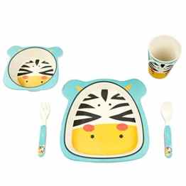 BambooFox Kindergeschirr set – Buntes Bambus Geschirr und Besteck Set mit Motiven – 100% Bio Bambus – umweltfreundlich (Zebra)