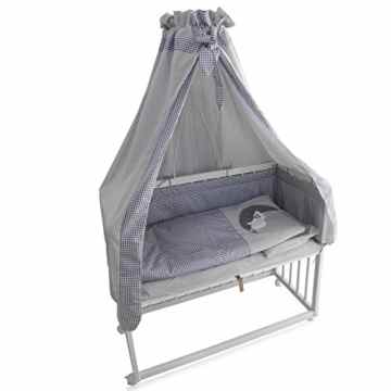 Beistellbett Kinderbett Gitter Himmelbett Babybett Bett Stillbett inkl. 8 tlg. Zubehör (Weiß/grau)