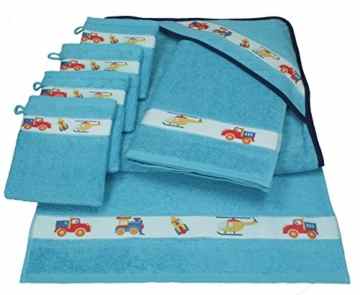 Betz 7 tlg Handtuch Set Kinder Baby 1 Kapuzen Kinderbadetuch 2 Kinderhandtücher 4 Waschhandschuhe Baby Kapuzenhandtuch Kapuzenbadetuch Kapuzentuch 100% Baumwolle Fahrzeuge Farbe blau