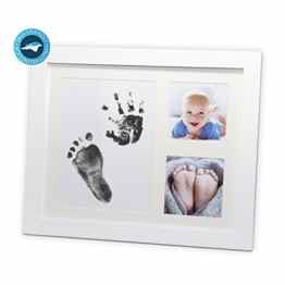 Bilderrahmen Baby mit Handabdruck- und Fussabdruck-Set in elegantem Weiß aus Echtholz. Babyrahmen mit sicherem Plexiglas und beschichtetem Abdruckpapier – ohne Farbberührung!