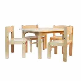 Childrens Furniture Solid Beech Wood Set of Five One Children’s Table with Four Children’s Chairs without Arm Rest Natural Varnish
