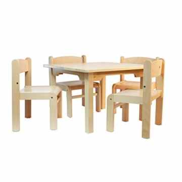 Childrens Furniture Solid Beech Wood Set of Five One Children’s Table with Four Children’s Chairs without Arm Rest Natural Varnish