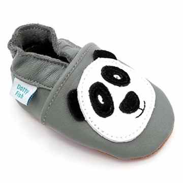 Dotty Fish Leder Babyschuhe – rutschfest Wildledersohle – chromfrei weiche Lederschuhe – Baby Jungen und Mädchen – grau Panda