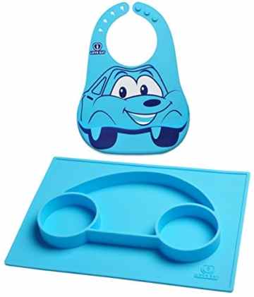 Einteiliges Silikon Tischset & aufgeteilter Teller mit Ansaugfunktion + Lätzchen | chaosfreie Schale mit Ansaugfunktion für Säuglinge/Kleinkinder| Silikonteller für Plate für Baby gesteuerte Beikosteinführung …