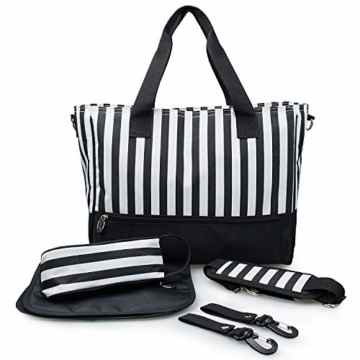 Estarer Wickeltasche Schwarz Weiß mit Wicklunterlage und Kinderwagen Befestigung