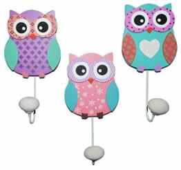 Garderobenhaken – Eulen aus Holz + Metall – Wandhaken Kindergarderobe mit 1 Kleiderhaken Kind Wandgarderobe – für Innen und Außen – bunte Eule Vögel Tiere