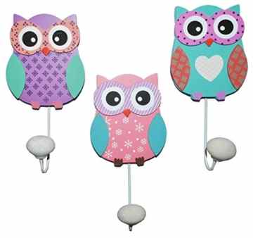 Garderobenhaken – Eulen aus Holz + Metall – Wandhaken Kindergarderobe mit 1 Kleiderhaken Kind Wandgarderobe – für Innen und Außen – bunte Eule Vögel Tiere