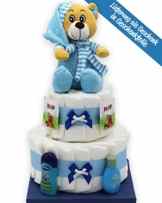Große Windeltorte „blauer Bär“ mit Teddybär – das perfekte Geschenk zur Geburt + gratis Kärtchen mit Grußbotschaft