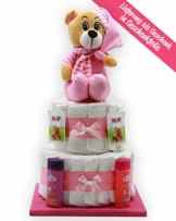 Große Windeltorte „rosa Bär“ – mit rosa Teddybär – das perfekte Geschenk zur Geburt oder Taufe + gratis Kärtchen mit Grußbotschaft