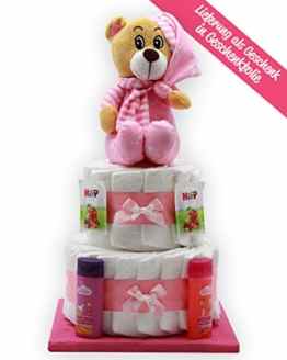 Große Windeltorte „rosa Bär“ – mit rosa Teddybär – das perfekte Geschenk zur Geburt oder Taufe + gratis Kärtchen mit Grußbotschaft