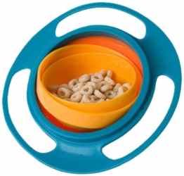 Gyro Bowl Snackschüssel orange/türkisblau – Das Original – Dreht sich mit dem Inhalt 360° – Für alle Kinder – Inkl. Frischhaltedeckel