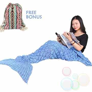 Handgemachte Gestrickte Meerjungfrau Schwanz Decke MAGFLY Fish-scale Meerjungfrau Decke Schwanz Sofa Schlafsack Perfekt Geschenk für Erwachsene und Teenager (Azurblau)
