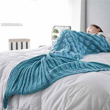 Handmade Scales Fringed Mermaid Blankets for Adults Kids in Living Room and Sofa (hellblau)