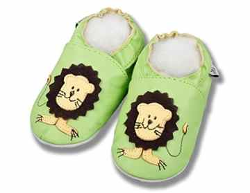Hausschuhe Kindergartenschuhe Krabbelschuhe Baby Lederschuhe Jungen Lauflernschuhe mit Wildledersohle Gr.17-31 von Lappa.de „Löwe grün“ Art.69