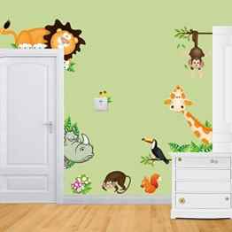 Jungle Waldtier Affe, Eichhörnchen und Eule Schaukel Spiel auf bunten blättern Baum Wandtattoo Wandaufkleber