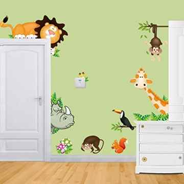 Jungle Waldtier Affe, Eichhörnchen und Eule Schaukel Spiel auf bunten blättern Baum Wandtattoo Wandaufkleber