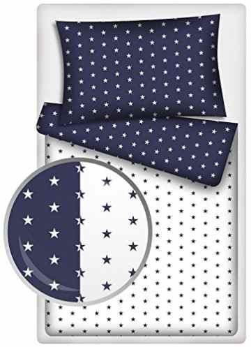 Kinder Wendebettwäsche Stars weiss / Stars marine 2-tlg. 100% Baumwolle 40×60 + 100×135 cm mit Reißverschluss