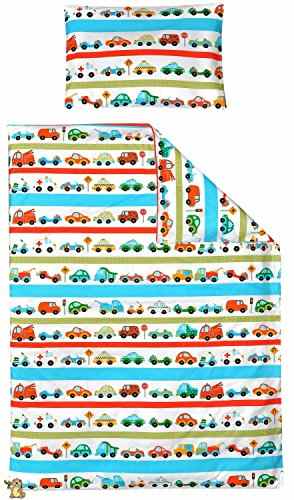 Kinderbettwäsche Autos 2-tlg. 100% Baumwolle 40×60 + 100×135 cm mit Reißverschluss