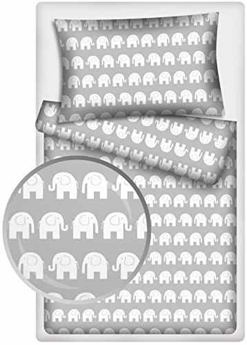 Kinderbettwäsche Elefanten 2-tlg. 100% Baumwolle 40×60 + 100×135 cm mit Reißverschluss