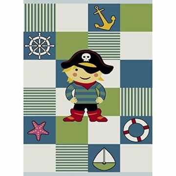 Kinderteppich Spielteppich Kinderzimmer Teppich Pirat Design mit Konturenschnitt Türkis Weiss Grün Rot Schwarz Gelb Pink Größe 160×230 cm