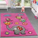 Kinderteppiche Spielende Zoo Tiere Eulen Elefanten Kurzflor in Fuchsia Creme, Größe:160×220 cm