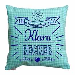 Kissen mit Namen und Geburtsdaten personalisiert Geschenk zur Geburt karriert div. Farben